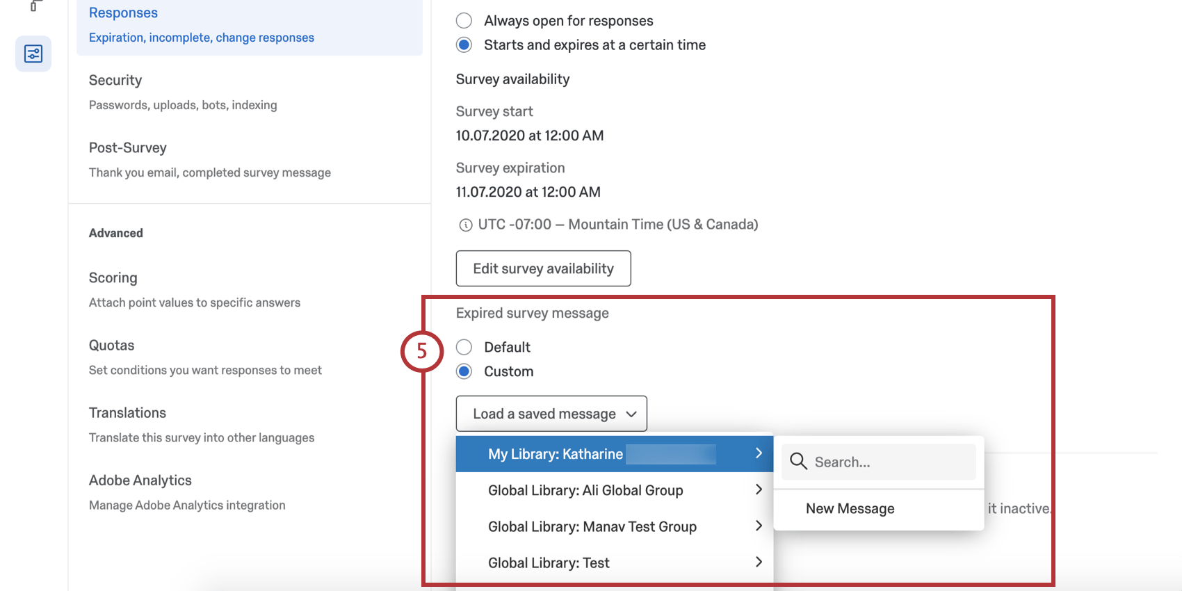 Choosing a library message from the dropdowns