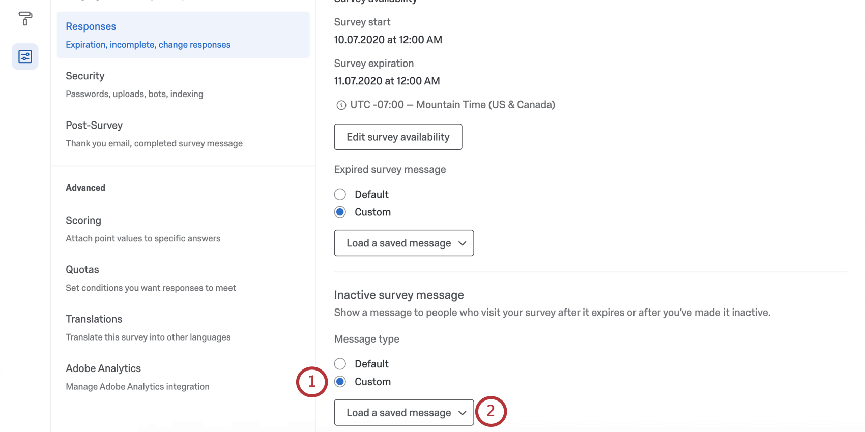 Iactive survey message options all the ay at the bottom of the responses section of survey options