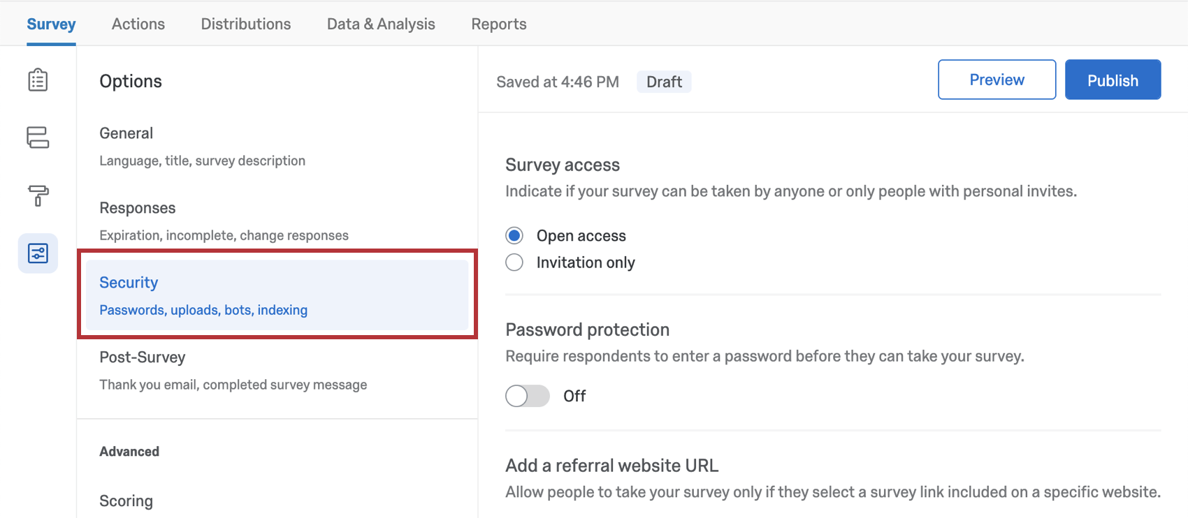 Security section of survey options