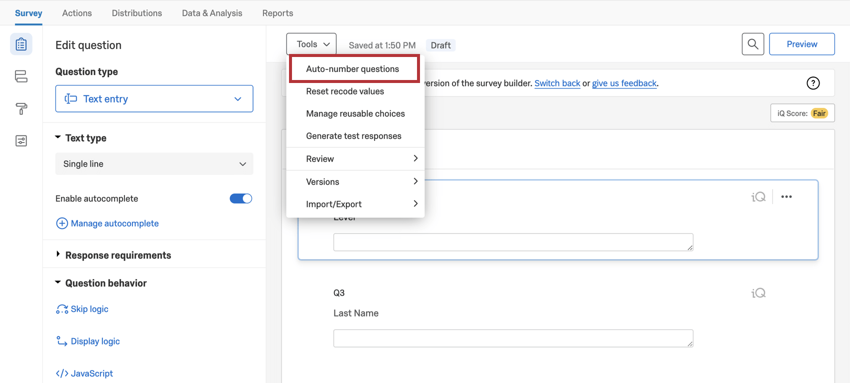 Auto number questions is the first option when you open the tools dropdown along the top of the survey builder