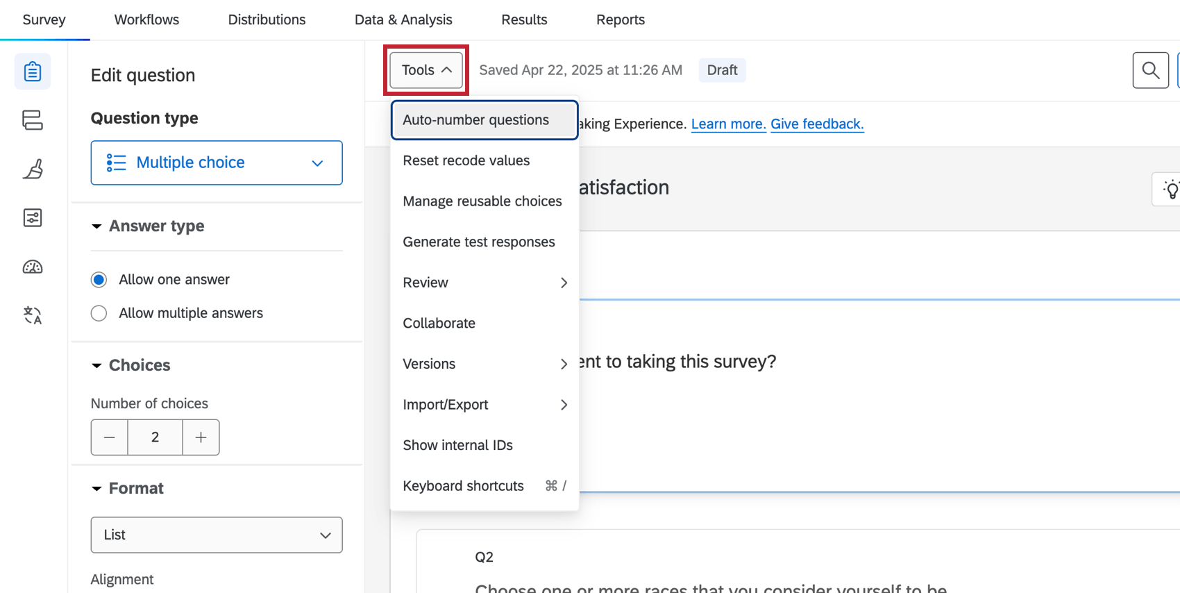 the survey tools menu found by clicking Tools at the top of the editor