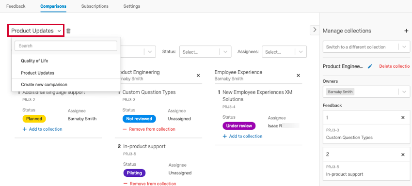 switch comparisons by clicking the comparison name at the top of the page