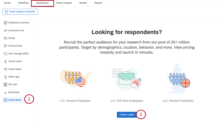 配信タブ、左から選択されたオンラインパネル、パネルの価値を説明するページの公開
