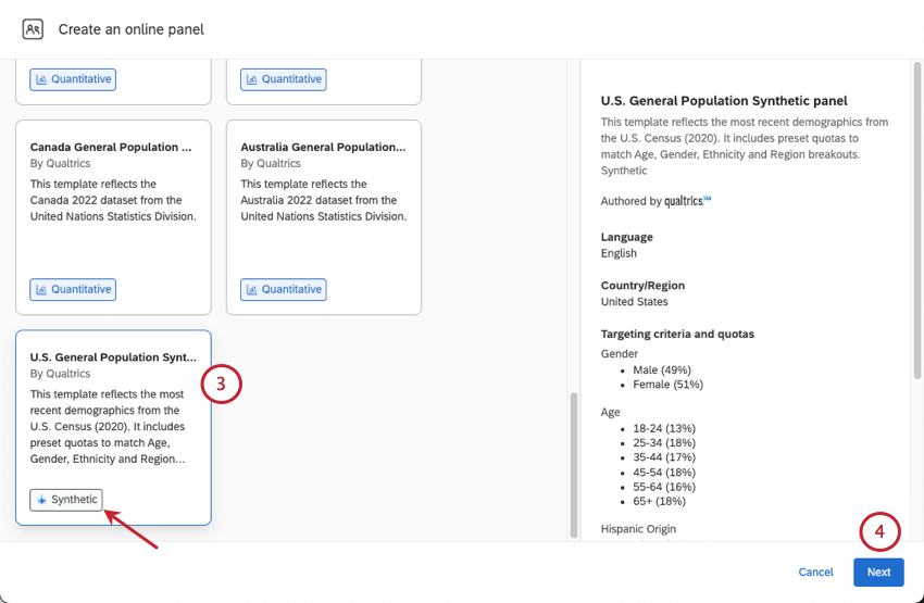 page suivante, liste des panels, en bas, un panel des états-unis marqué comme synthétique