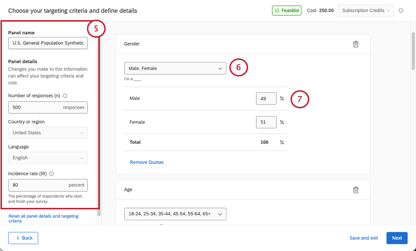 Details zum Panel auf der linken Seite, Quoten und demografische Daten in der Mitte der Seite
