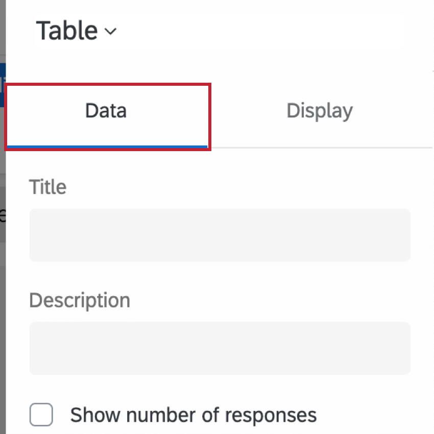 Painel de edição de um widget de tabela; mostra que a guia Data está selecionada na parte superior