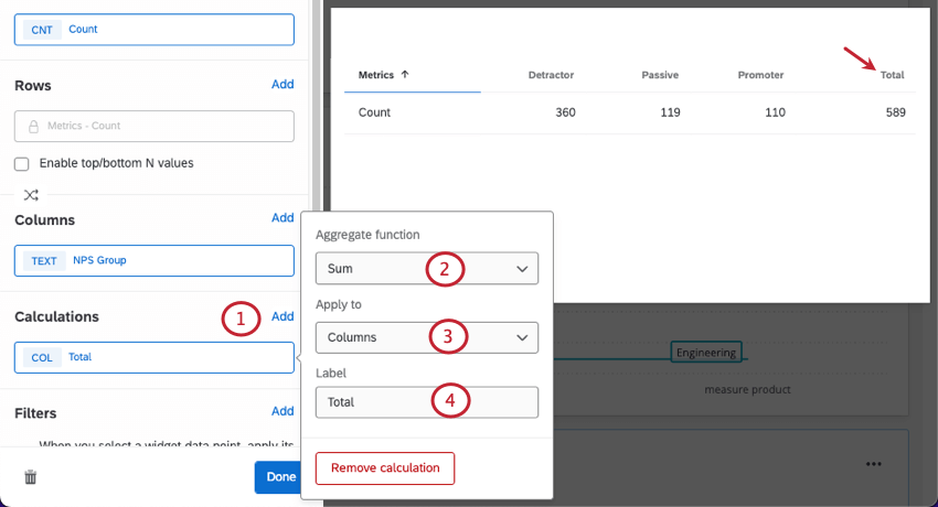 Image shows adding calculations in a table widget; also highlights where the Total column is in the background