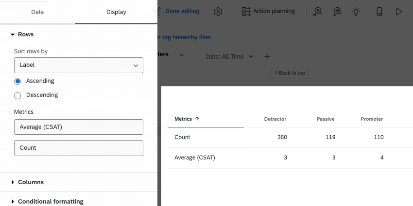 Imagen de la configuración de filas en un widget de tabla