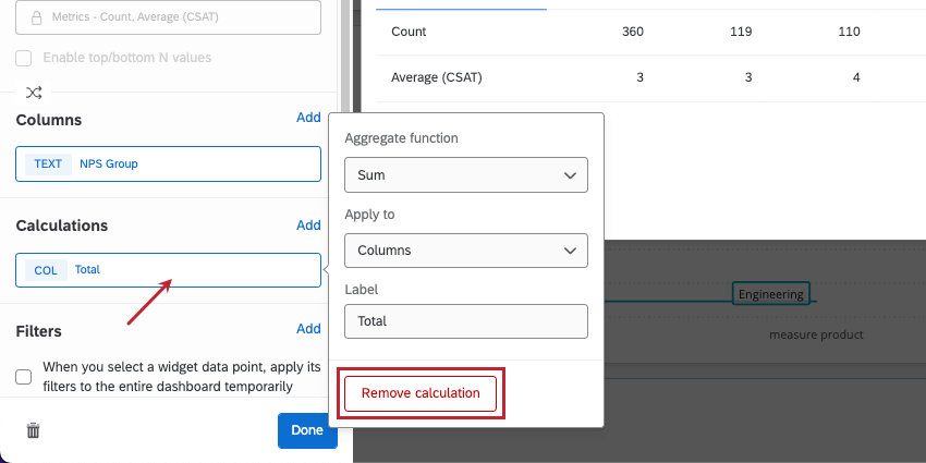 Screenshot of a table widget where the calculation is clicked, showing where the remove button appears in red in the lower-right of the new dialog