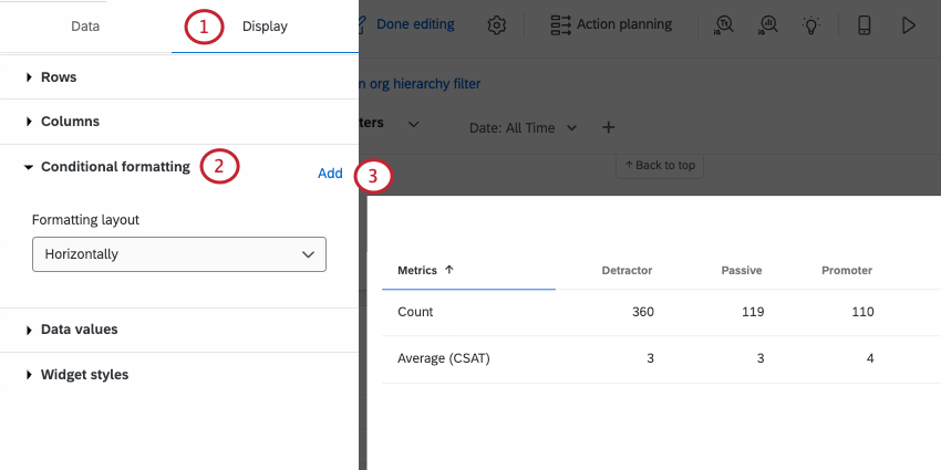 Conditional formatting dropdown is expanded, "add" button to direct right