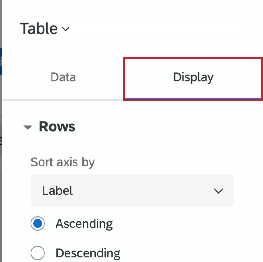 Imagem do painel de edição em um widget de tabela, a guia Exibir é selecionada e mostrada