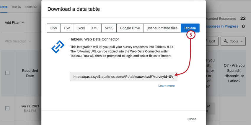 selecting tableau and copying the url