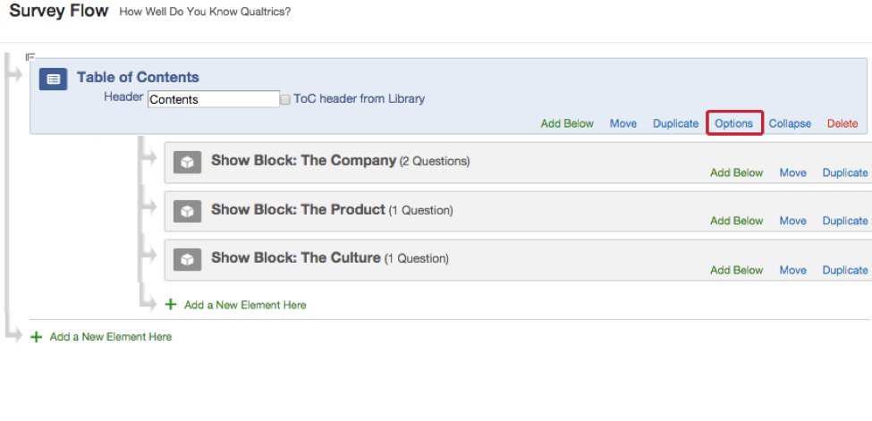 Options button on a table of contents