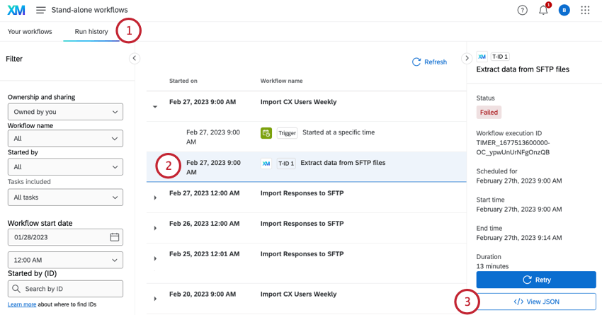 ir para o histórico de execução, selecionar uma tarefa e clicar em visualizar JSON