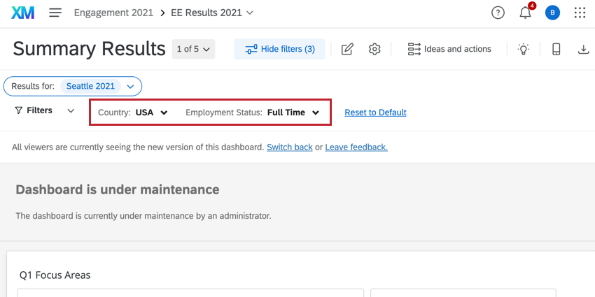filtri applicati su una dashboard EX