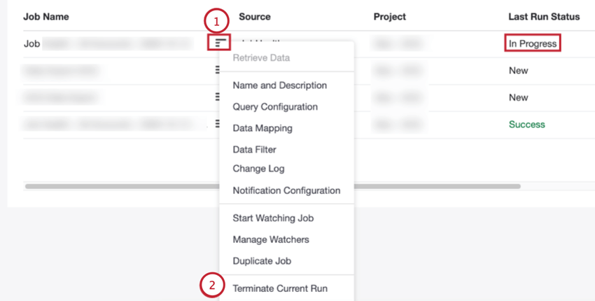 selecting terminate job in the job options menu