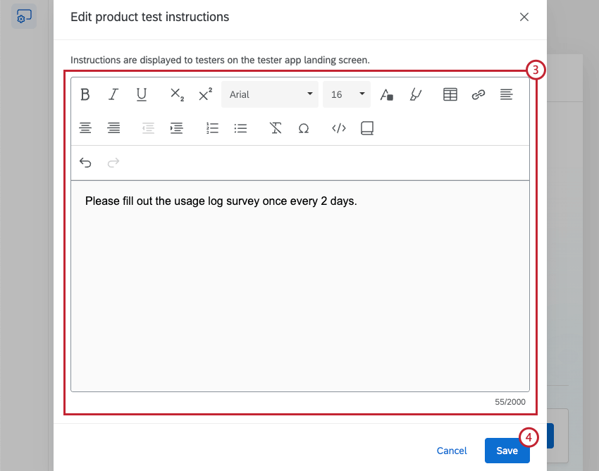 rich content editor section where you create a custom message