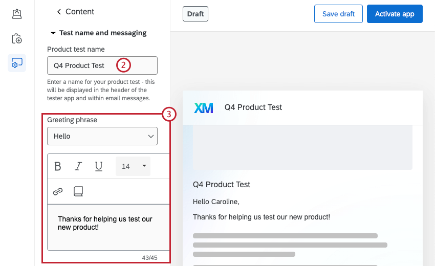 sections pour entrer un nom de test de produit et un message daccueil