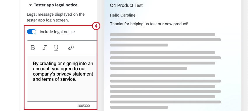 section to add a legal notice to the app