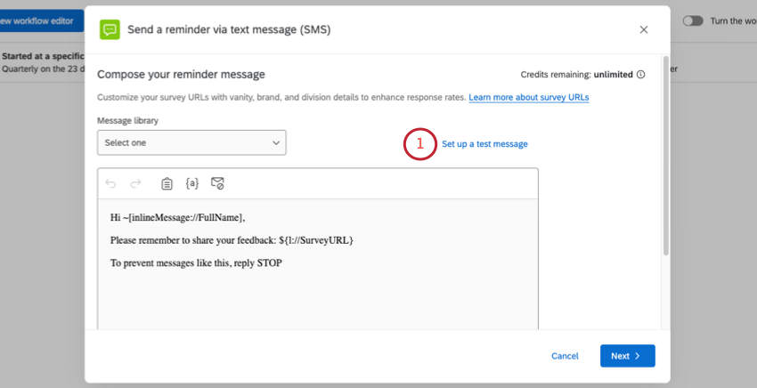 send a test message text in blue above the invite message