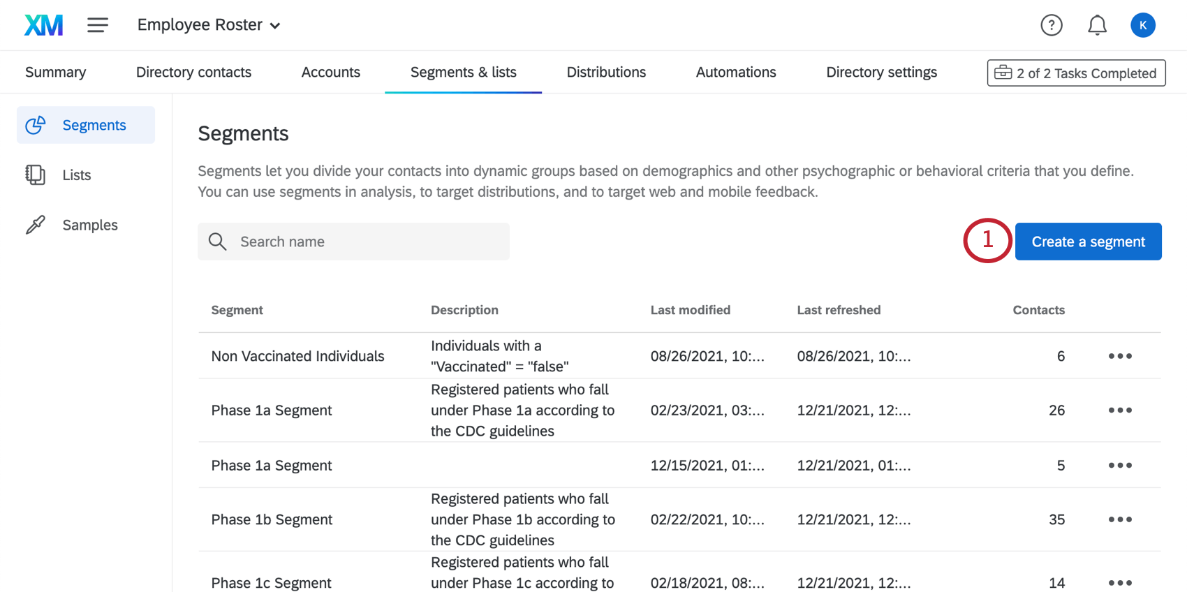 Image of segments and lists tab open to Segments section, highlighting the "create segment" button