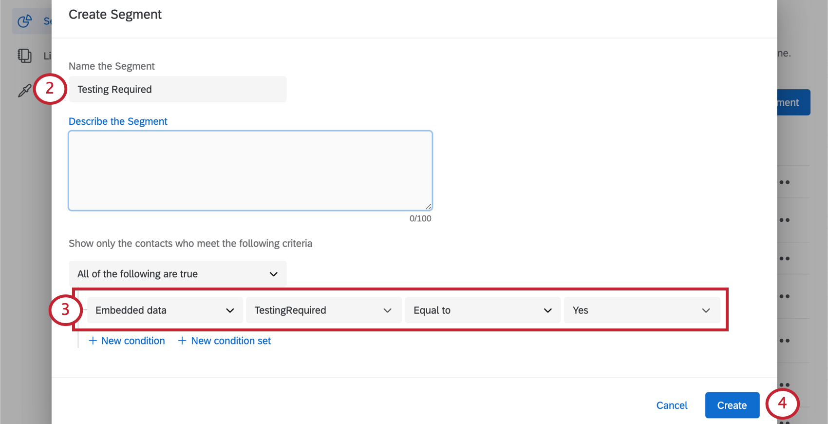 Image of the segment creation window with the fields described filled out as described
