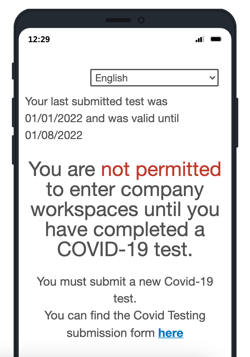 Image of a phone where someone has submitted the survey and sees they are NOT permitted to enter the company workplace