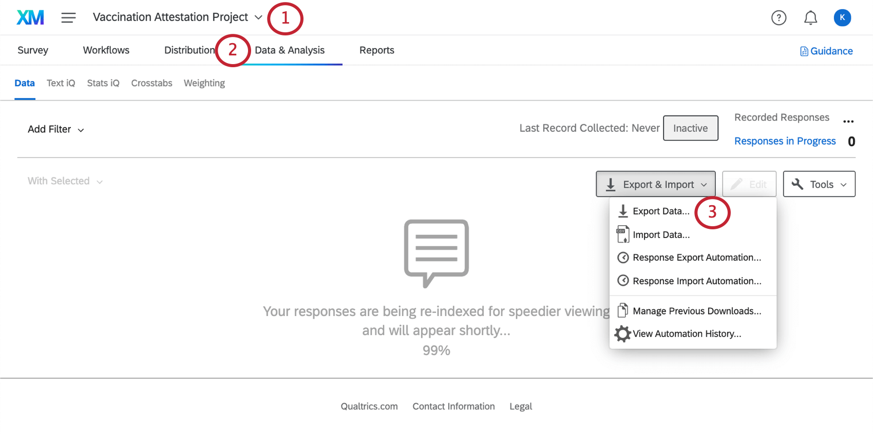 Image of data & analysis tab opened with the export and import menu expanded