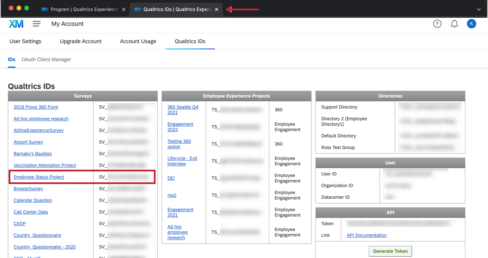 Image of Qualtrics IDs page