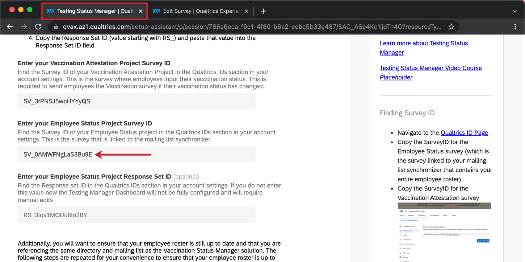 Image of the testing status manager setup page, with the field for entering the employee status project ID