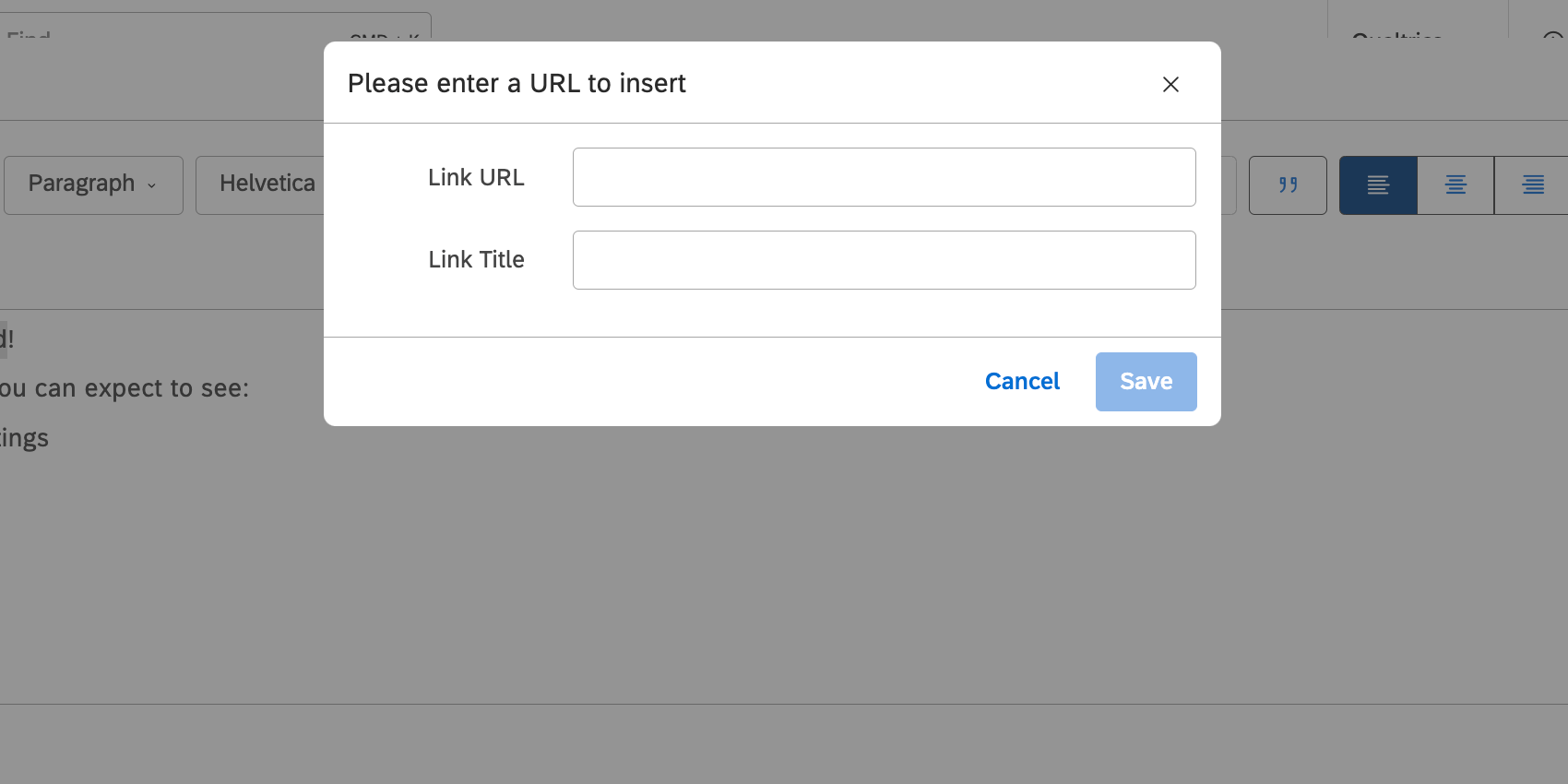 Neues Fenster, in dem Sie eine URL und einen Linktitel hinzufügen