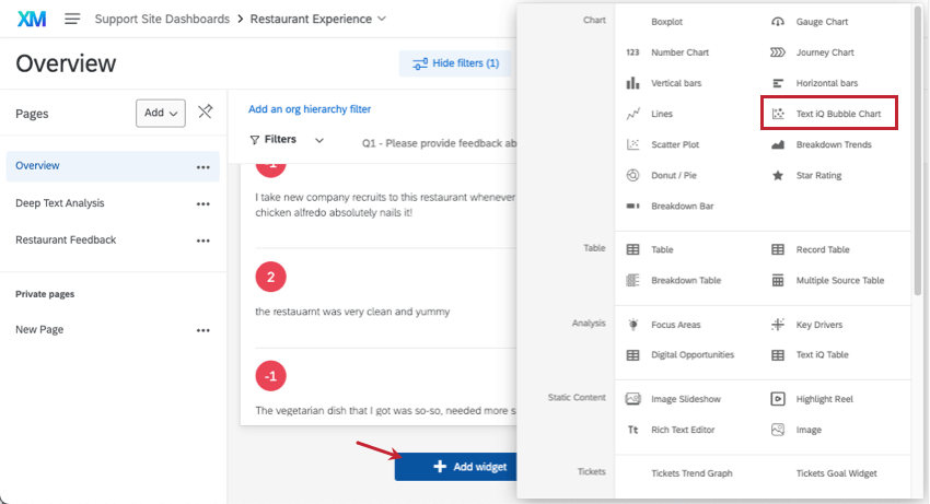 Aggiunta di un widget Text iQ bubble a una pagina dashboard