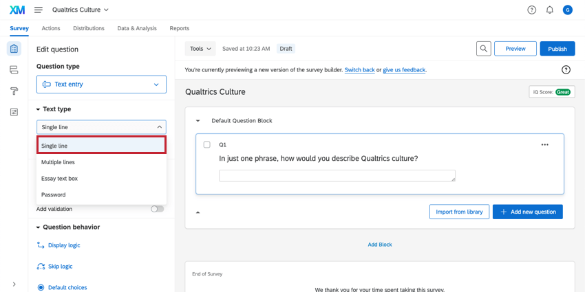 The Single line is selected as the Text entry question Text type