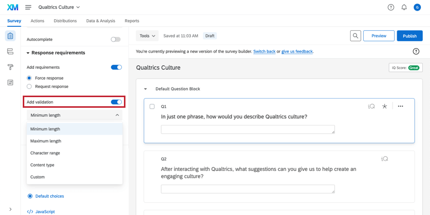 Adicionar validação sob os requisitos da pergunta com um menu suspenso mostrando os tipos validação