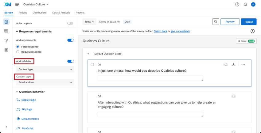Añadir validación y Tipo de contenido resaltados como opciones de personalización en los requisitos de la respuesta