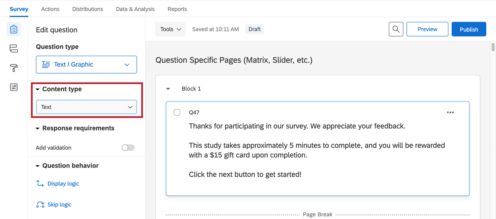 テキスト／グラフィックの質問が選択されています。右側の「タイプ」で「テキスト」が選択されている