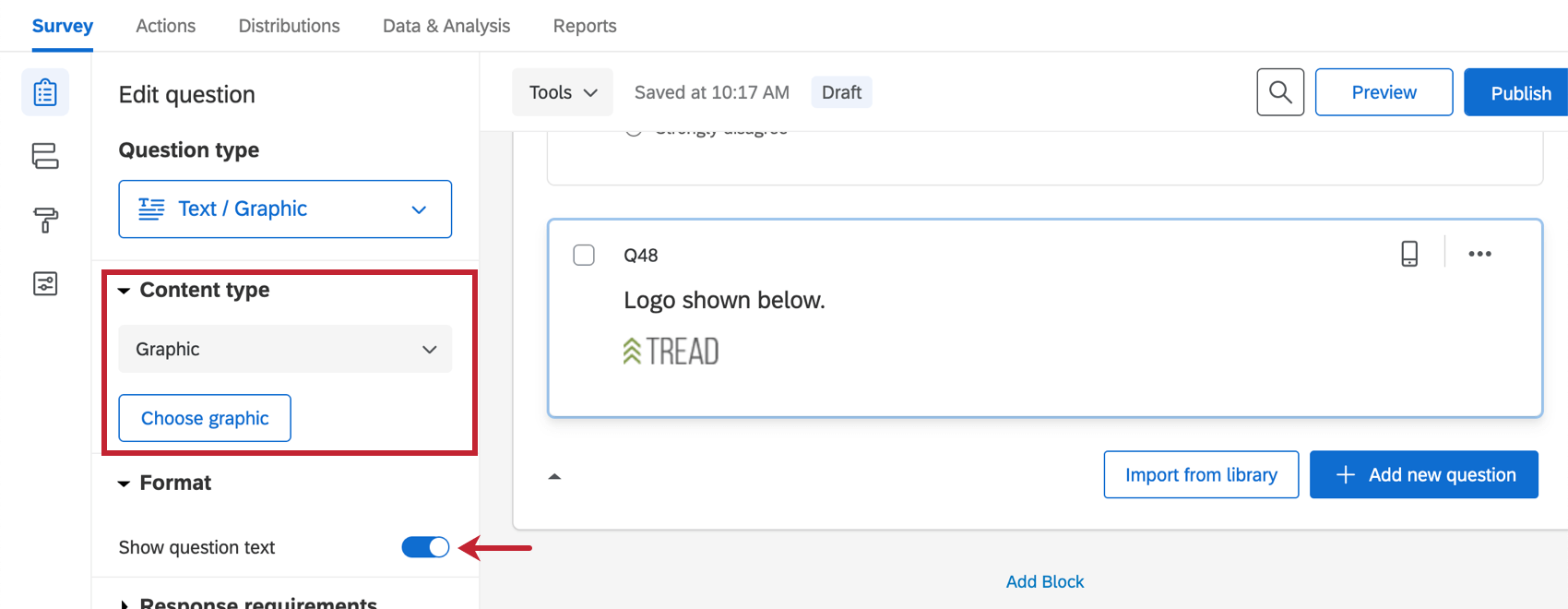 un type de question graphique. Le logo Tread est le graphique.