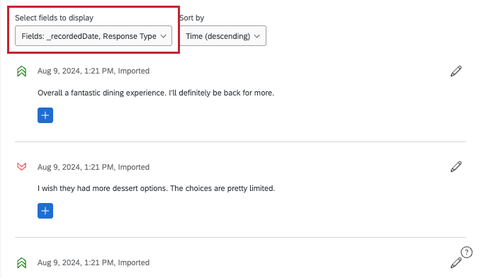 imagem de um menu suspenso acima de vários comentários de texto do iQ. o menu é chamado de selecionar campos a serem exibidos e mostra que a data registrada e o tipo de resposta foram adicionados a cada comentário.