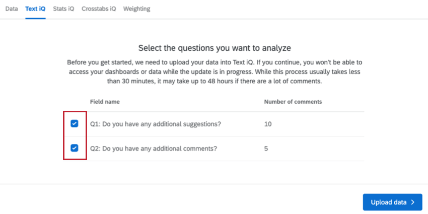 Seleccionar preguntas para subir a text iq