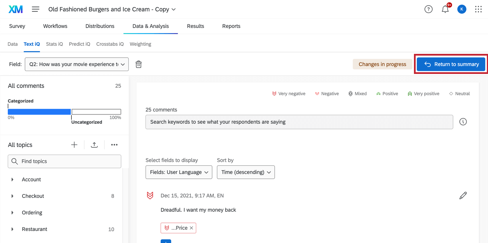 the return to summary button