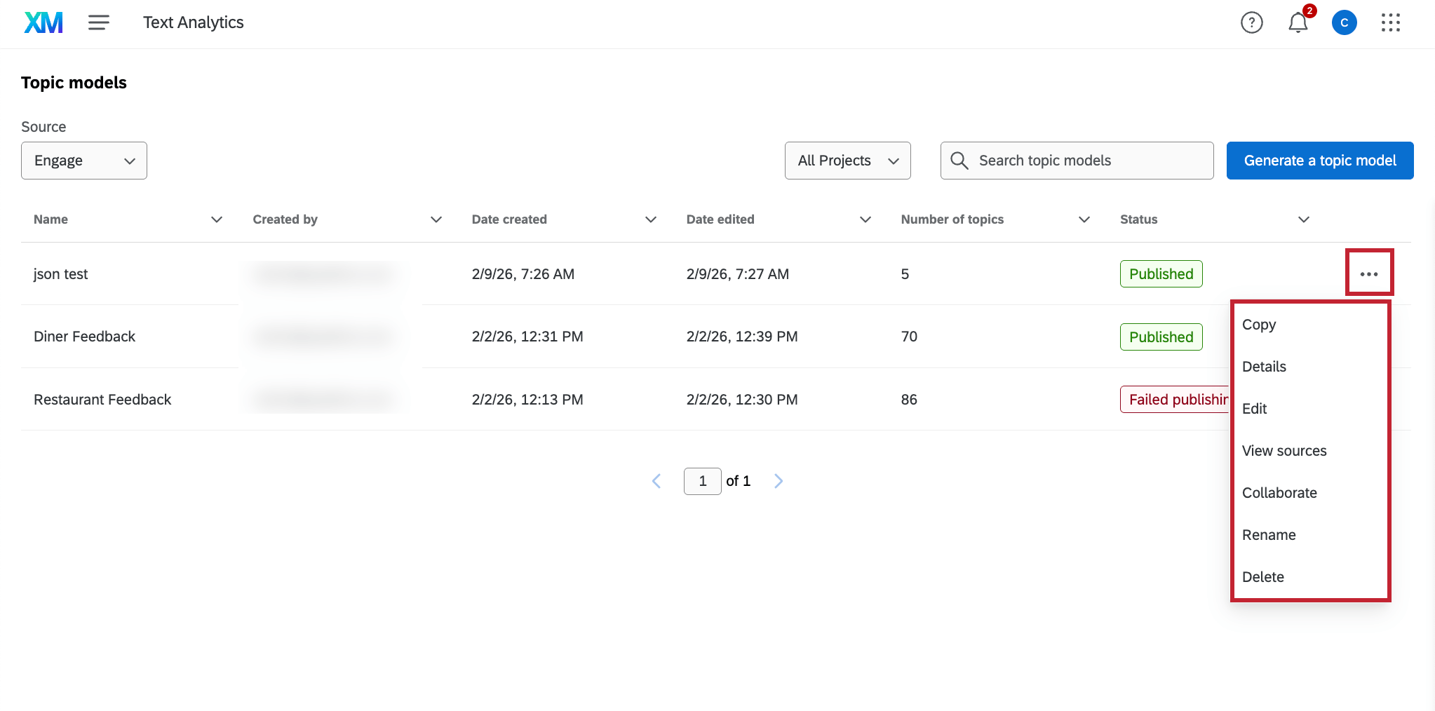 o menu de opções de um tópico