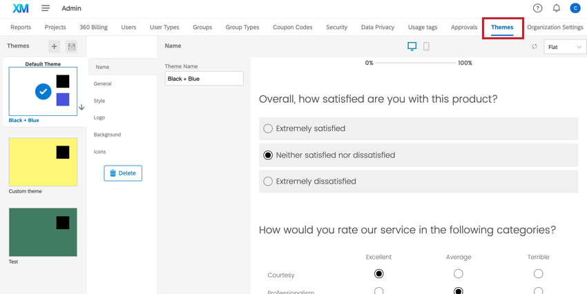 the themes tab in admin
