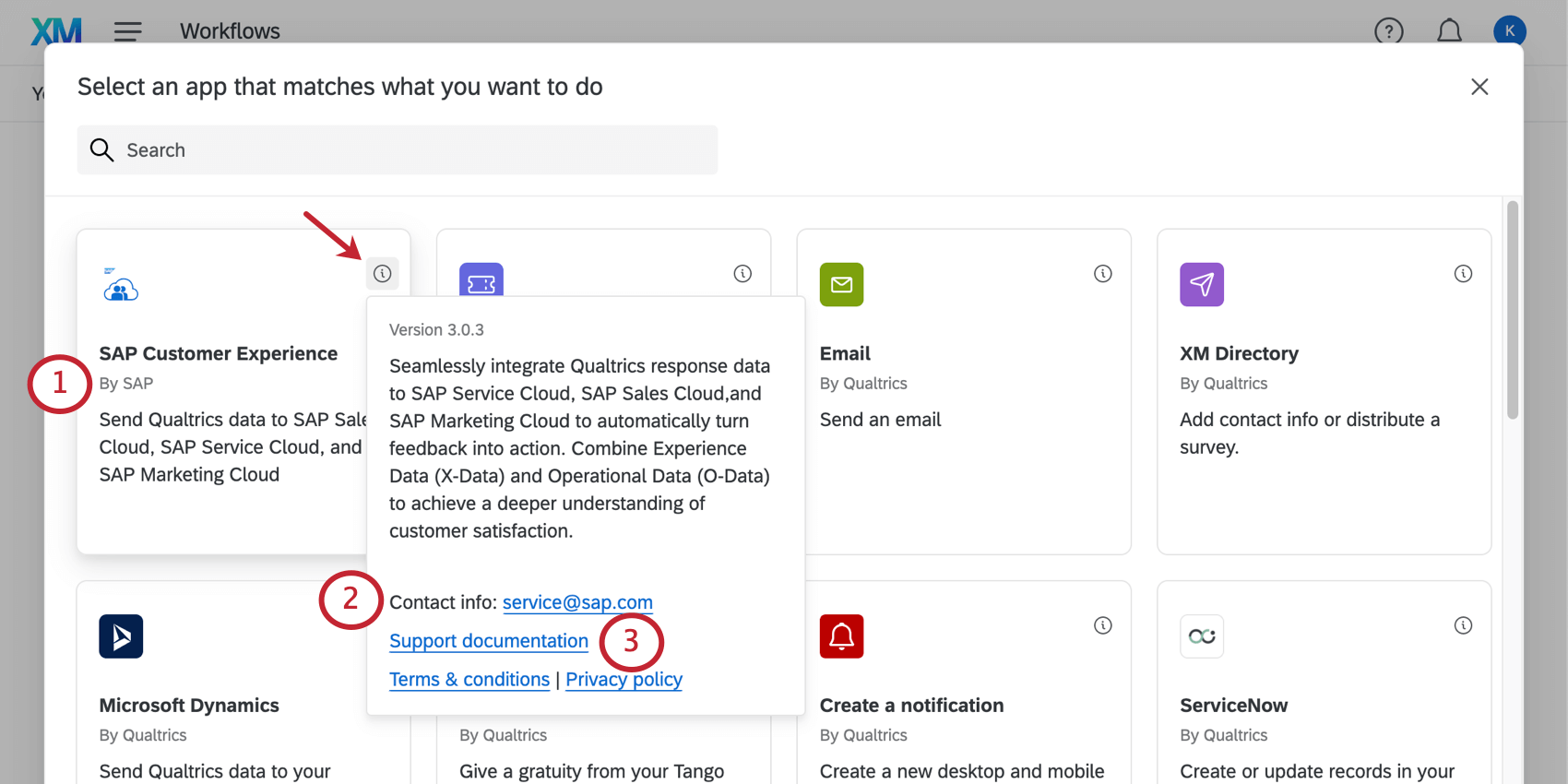 Imagen de una extensión de SAP Experiencia del cliente en el menú Flujos de trabajo . Hay una información sobre herramientas en la parte superior derecha que, cuando se hace clic, muestra información de contacto y documentación para la función.