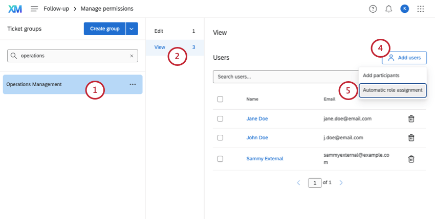 Group selected left, role selected middle, users added on right