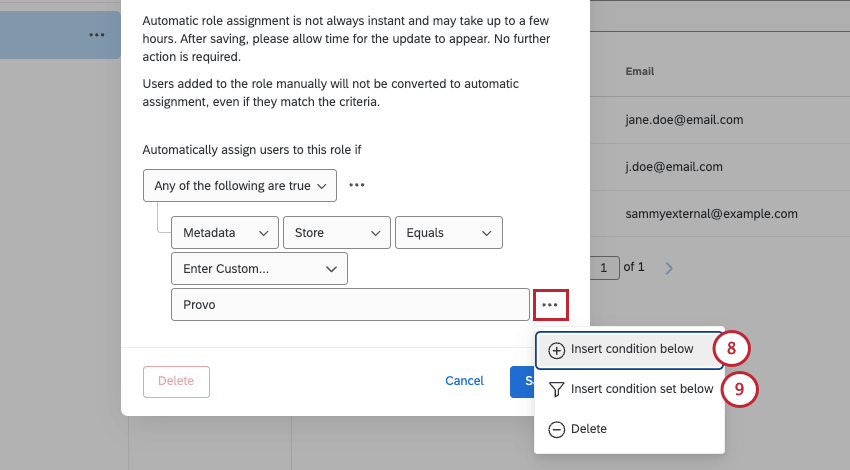 the options for adding additional conditions to the role