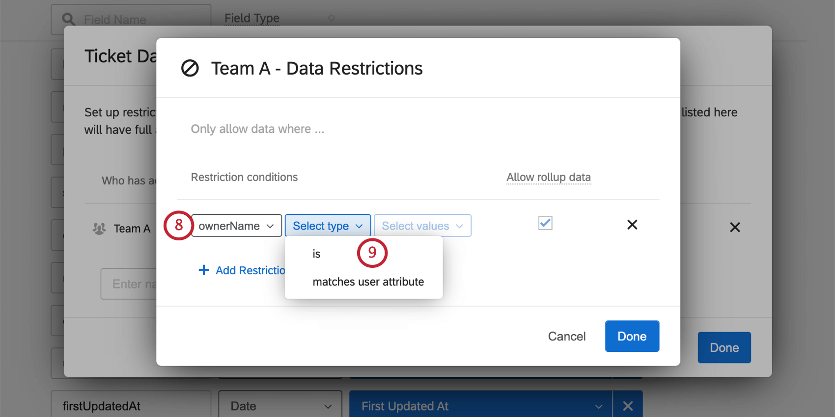 Selecting ticket data fields from the dropdowns