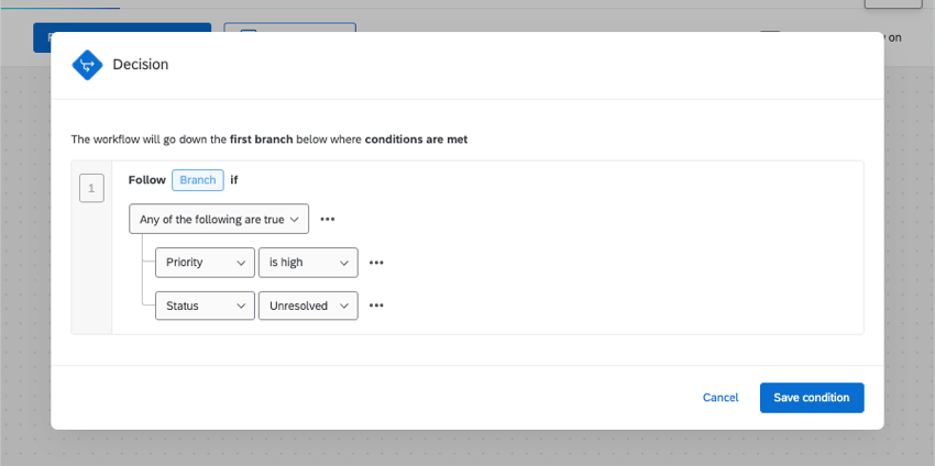la decisione ha aperto una nuova finestra, mostrando che il flusso di lavoro si attiva solo se il ticket è irrisolto o ad alta priorità