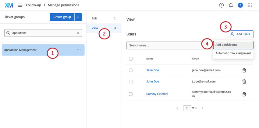 Group selected left, role selected middle, users added on right