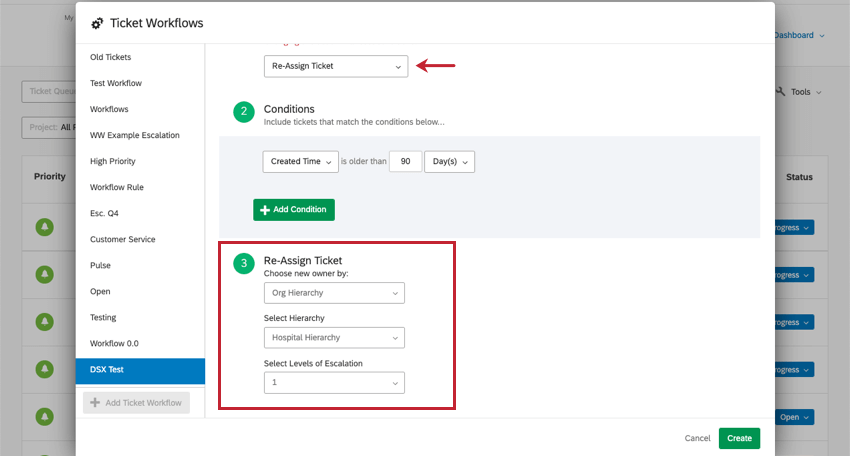 Ticket wird geöffnet. Blättern Sie im Neuzuordnungsmodus nach unten durch den neuen Workflow, um zu sehen, dass das Ticket durch Hierarchien in Schritt 3 neu zugeordnet werden kann.