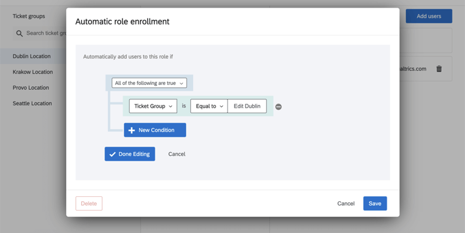 Condition indiquant que le groupe de tickets est égal à Création de tickets